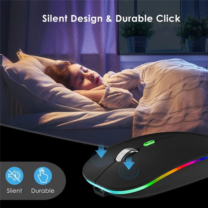 Ratón inalámbrico con doble modo 2.4G / Bluetooth con retroiluminación, ratón Jiggler portátil silencioso para portátiles, tabletas - Negro mate