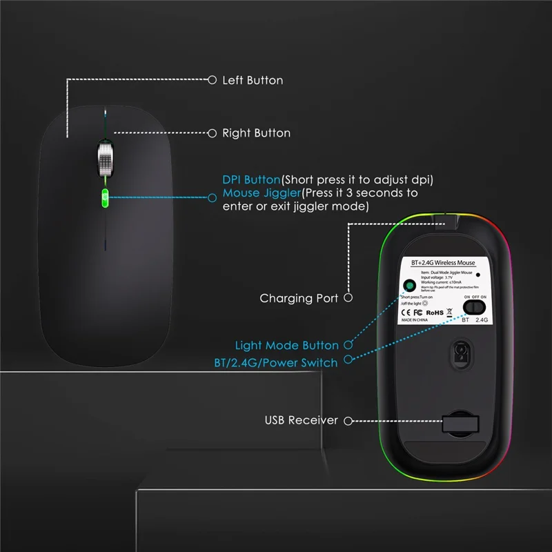 Ratón inalámbrico con doble modo 2.4G / Bluetooth con retroiluminación, ratón Jiggler portátil silencioso para portátiles, tabletas - Negro mate