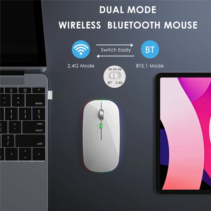 2.4G / Bluetooth-compatible Dual Mode Wireless Mouse with Backlight, Quiet Portable Jiggler Mouse for Laptops, Tablets - Silver