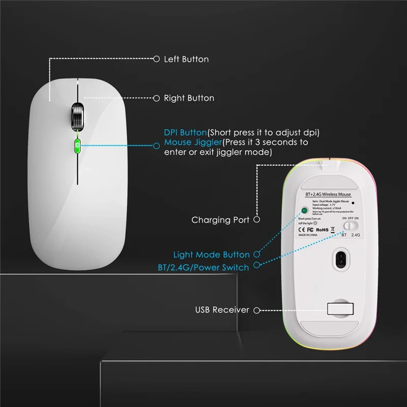 2.4G / Bluetooth-compatible Dual Mode Wireless Mouse with Backlight, Quiet Portable Jiggler Mouse for Laptops, Tablets - Silver
