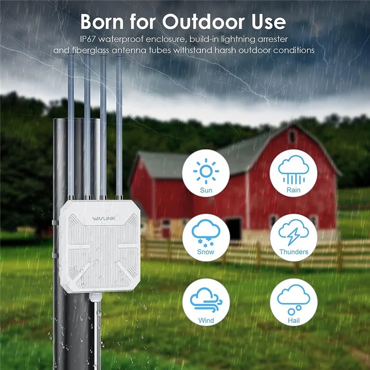 WAVLINK WS-WN573HX1-A WiFi 6 AX1800 Routeurs WiFi IP67 Répéteur Sans Fil à Double Bande Extérieur Imperméable Avec Port Poe, 4 Antennes - Bouche Britannique