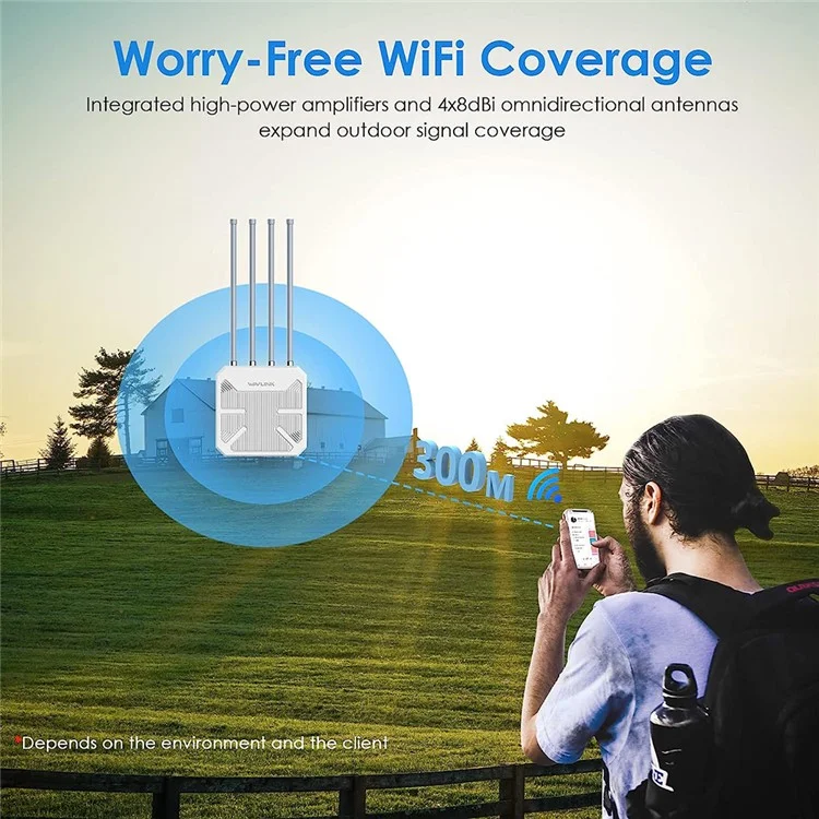 WAVLINK WS-WN573HX1-A WiFi 6 AX1800 Routeurs WiFi IP67 Répéteur Sans Fil à Double Bande Extérieur Imperméable Avec Port Poe, 4 Antennes - Bouche Britannique