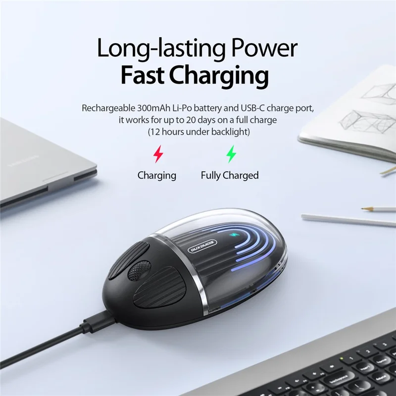 DUX DUCIS CM Serie Transparente Kabellose Maus 2 Modi Bluetooth+2.4G LED Dünne Maus für Laptop, Mac, PC - Schwarz