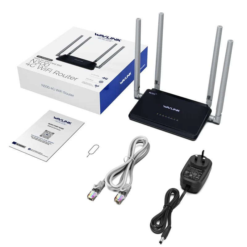 WAVLINK WL-WN529E4 SIM Card Slot N300 4G Wireless Router Ultimate High-Speed Mobile Router with Folding 5dBi Antennas - UK Plug