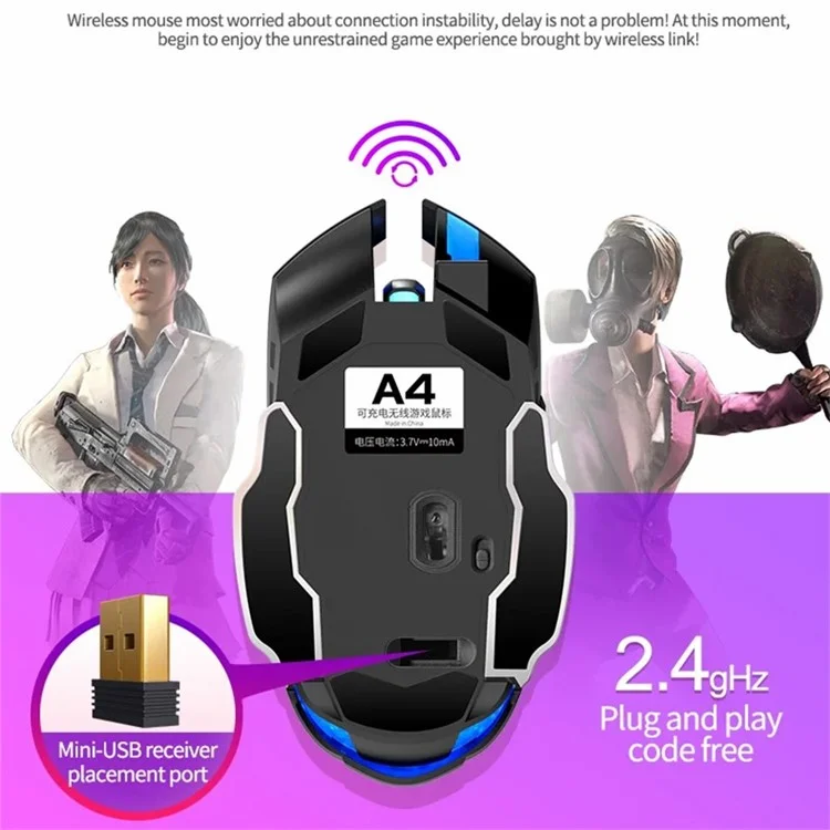 YINDIAO A4 2.4G Mouse Sem Fio 6 Teclas 1600 DPI Mouse Gamer Mudo com Efeito de Iluminação - Preto+Prata / Eletroquímico Fosco