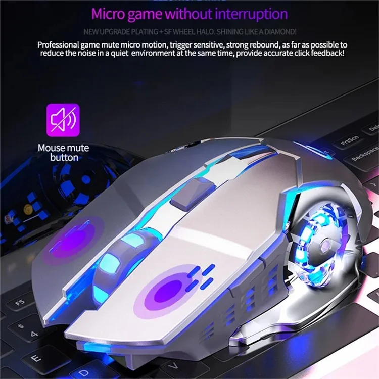 YINDIAO A4 2.4G Mouse Sem Fio 6 Teclas 1600 DPI Mouse Gamer Mudo com Efeito de Iluminação - Preto+Prata / Eletroquímico Fosco