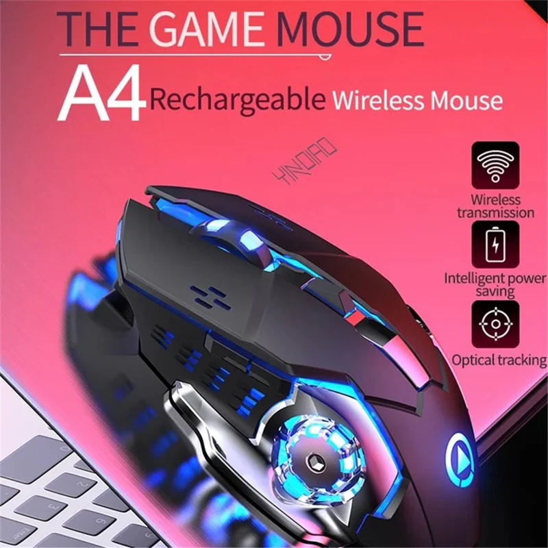 YINDIAO A4 2,4G Trådløs Mus 6 Taster 1600 DPI Lydsvag Gamingmus med Belysningseffekt - Sort / Elektropladeret Mattet