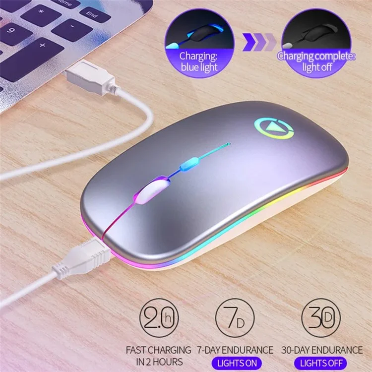 YINDIAO A2 Rechargeable Silent 2.4G Wireless Gaming Mouse with Colorful Breathing Light - Metal Grey
