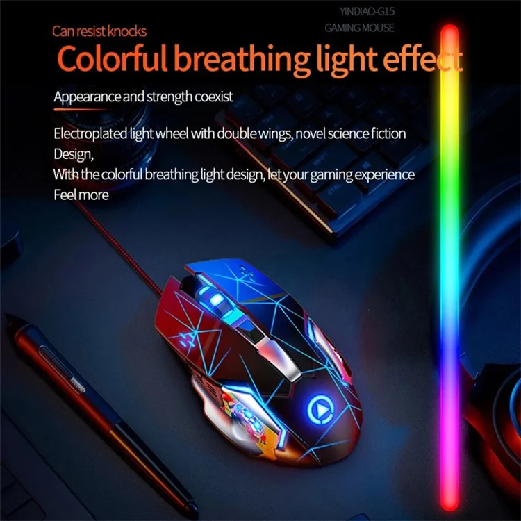 YINDIAO G15 1200 / 1800 / 2400 / 3600 Adjustable DPI 6 Keys Mechanical Gaming USB Wired Mouse, Silent Version - White