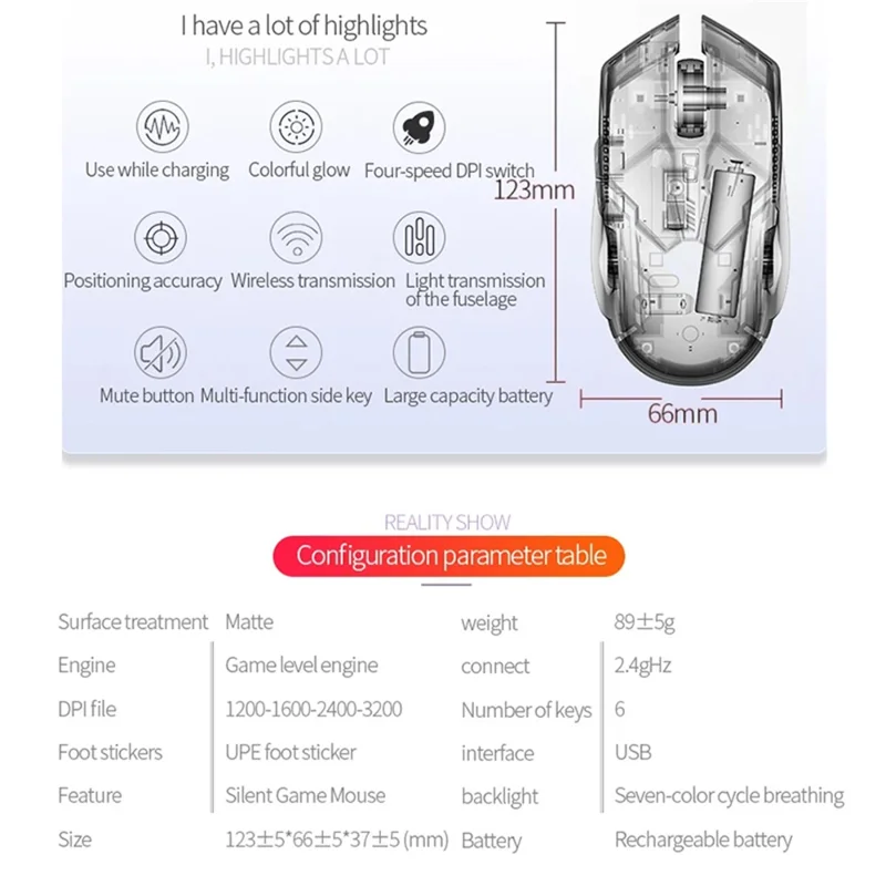 YINDIAO A9 2.4G Wireless Mouse 1200 / 1600 / 2400 / 3200 DPI Adjustable Silent 6 Keys Lighting Mouse - Black