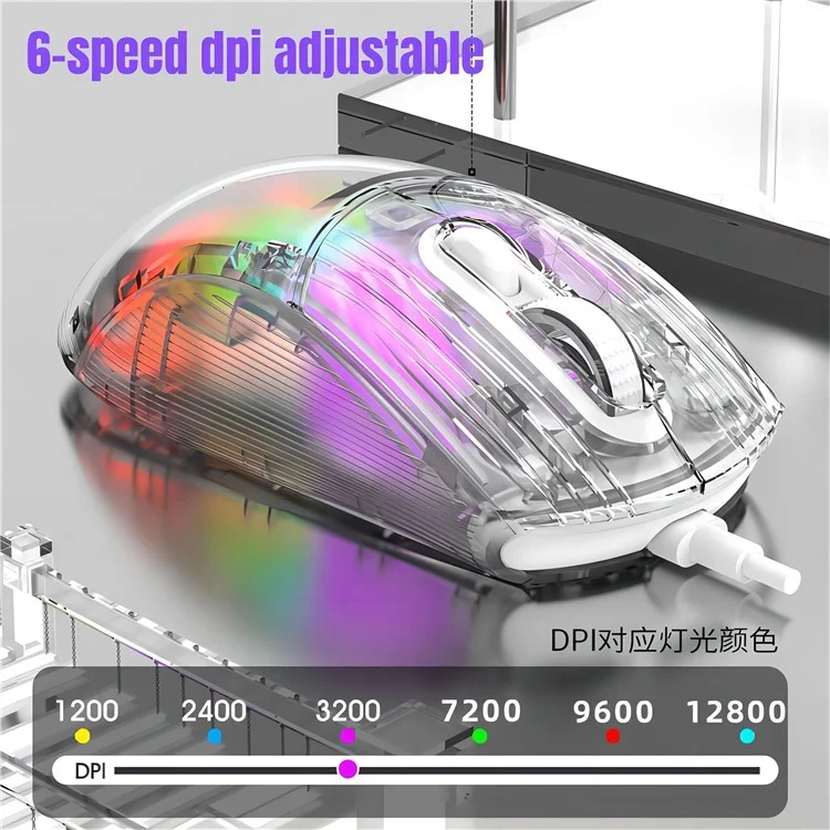 HXSJ X400B Wired Gaming Mouse 6 Adjustable DPI RGB Lighting Transparent Macro Programmable Mouse - Black