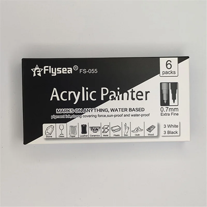 FLYSEA FS-055 6Pcs / Set Acrylic Paint Pens Black  /  White Paint Markers for Glass, Paper, Stone