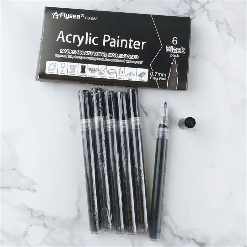 FLYSEA FS-055 6Pcs / Set Acrylic Paint Pens Black Paint Markers for Glass, Paper, Stone
