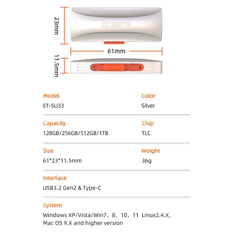 EAGET SU33 256GB 2-en-1 USB3.2 Gen2 / Type-C U-Disk 550Mb / s Zinc Alloy Flash Disk
