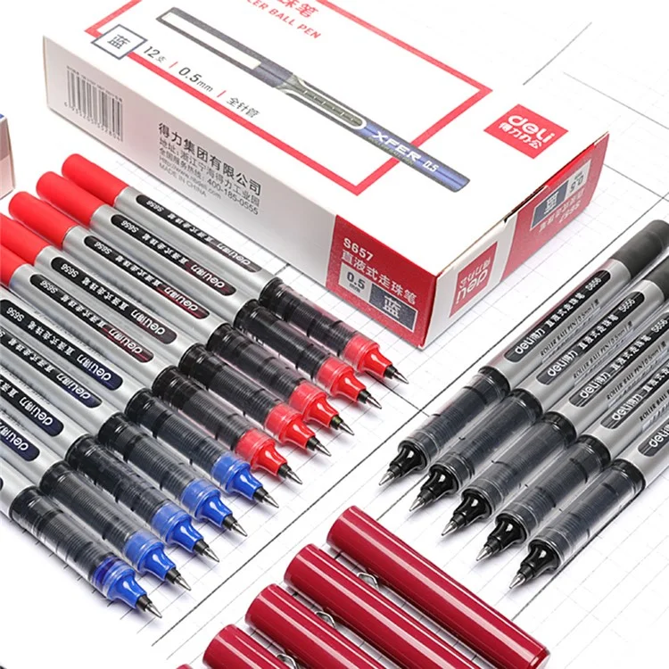 DELI S656 12er-Pack Kugelschreiber mit Rollkugel 0,5 mm Flüssigtusche zum Schreiben für Studenten - Schwarz