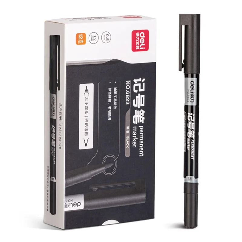 DELI 6823 12-Pack Dual-Tip Marker Pens 0.5mm / 1.2mm Fine / Broad Tips Drawing Pens - Black