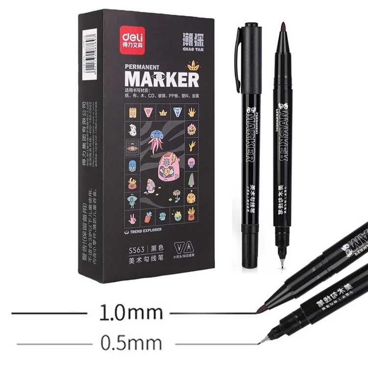 DELI S563 1.0mm / 0.5mm Dual-Tip Marker Pens for Outlining, Note-Taking, 12-Pack Student Drawing Pens