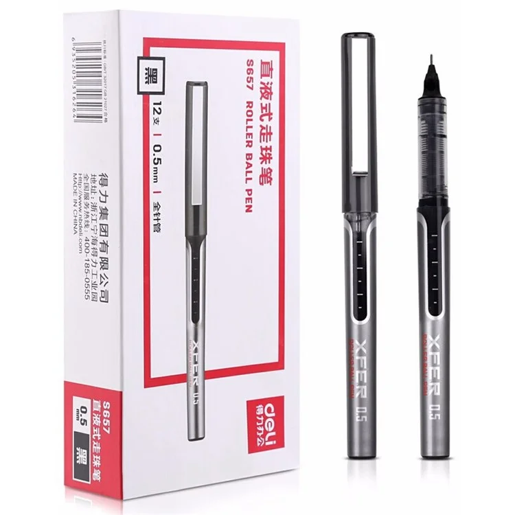 DELI S657 Rollerball Pen 12Pcs 0.5mm Liquid Ink Rollerball Ballpoint Pens for Writing - Black