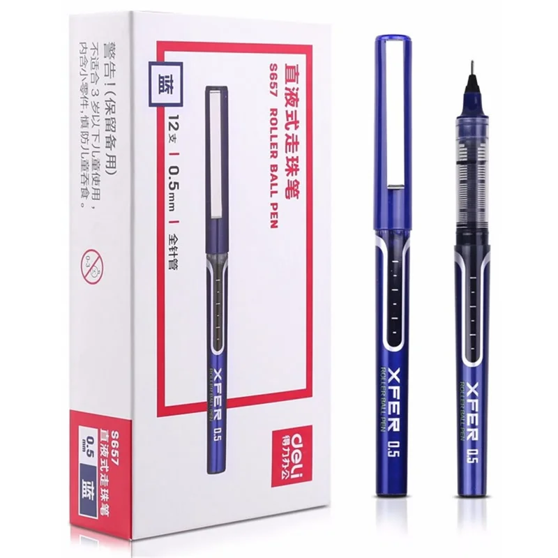 DELI S657 Rollerball Pen 12Pcs 0.5mm Liquid Ink Rollerball Ballpoint Pens for Writing - Blue