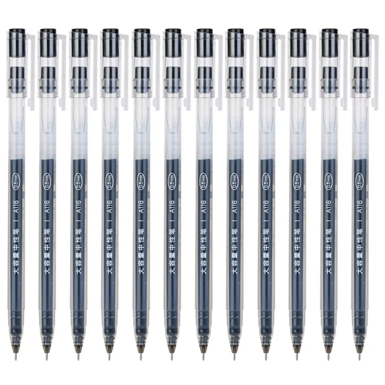 DELI A116 12Pcs Writing Neutral Pen Large Capacity Needle Pen 0.5mm Carbon Water Pen - Black