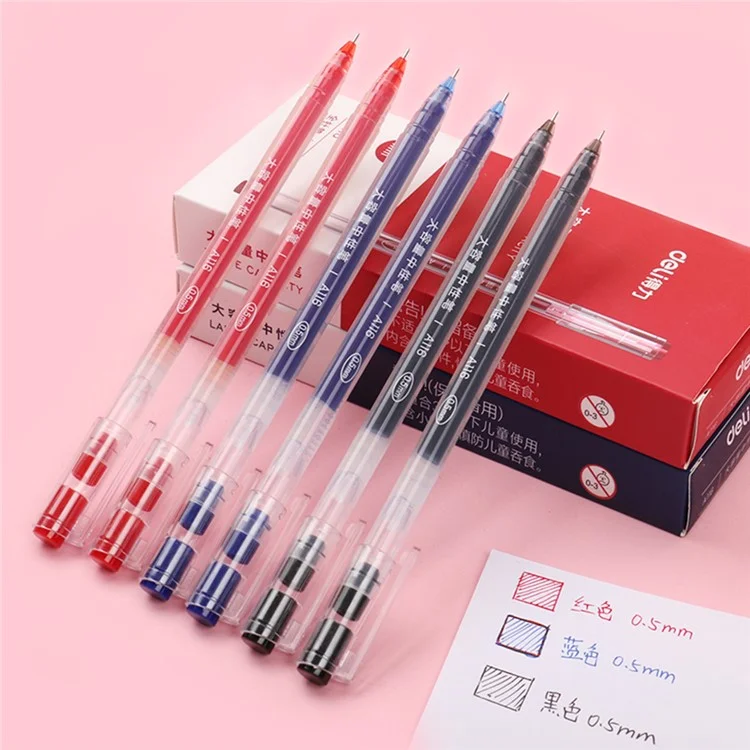 DELI A116 12Pcs Writing Neutral Pen Large Capacity Needle Pen 0.5mm Carbon Water Pen - Black