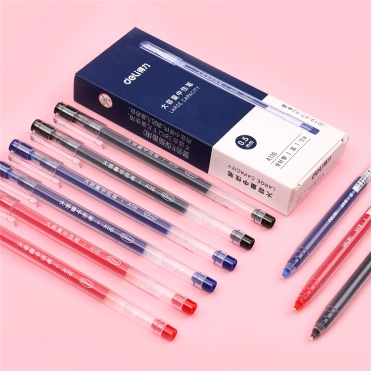 DELI A116 12Pcs Writing Neutral Pen Large Capacity Needle Pen 0.5mm Carbon Water Pen - Black