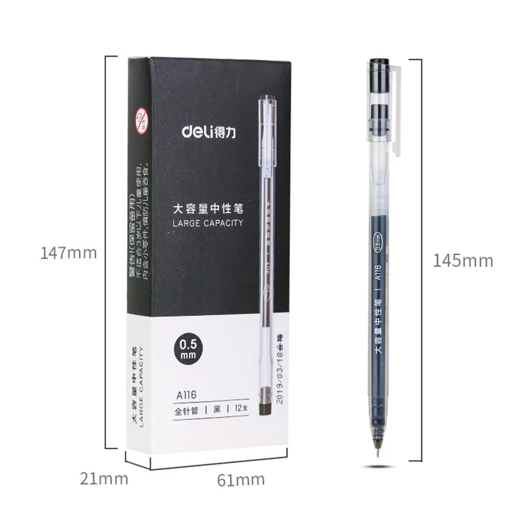 DELI A116 12Pcs Writing Neutral Pen Large Capacity Needle Pen 0.5mm Carbon Water Pen - Black