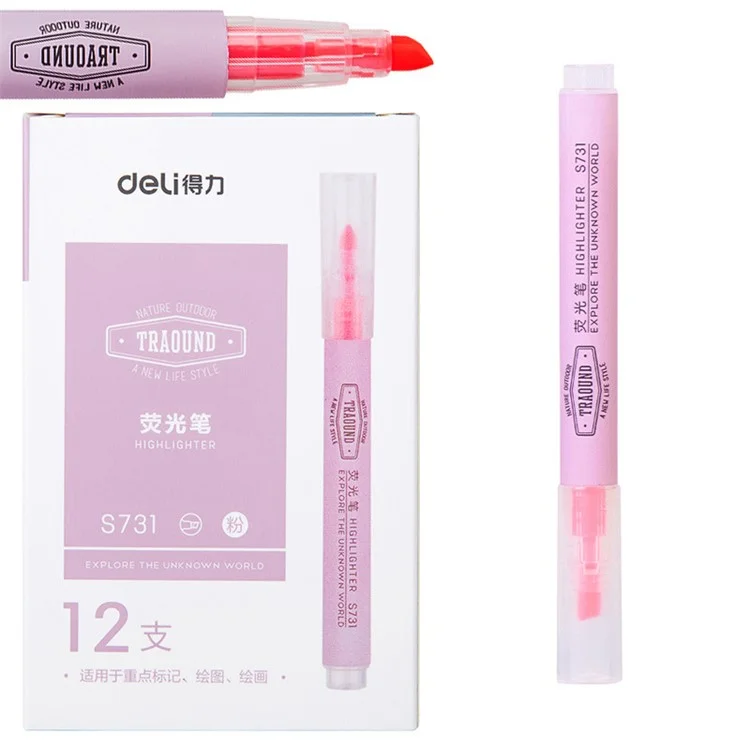 DELI S731 12Pcs Fluorescent Highlighter Markers Office Student Stationery - Pink