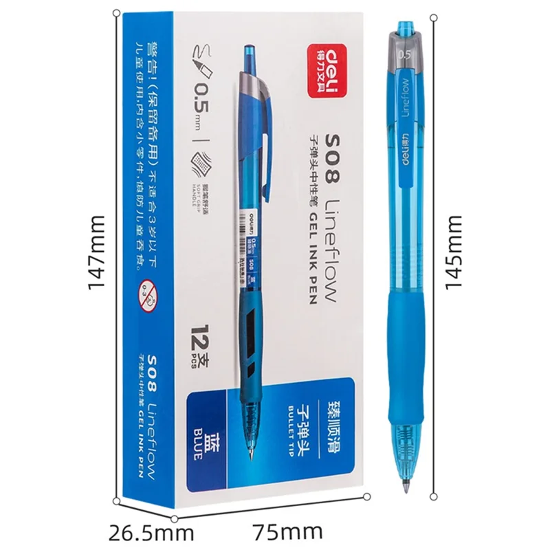DELI S08 12Pcs Gel Pens Smooth Writing 0.5mm Bullet Tip Student Pen - Blue