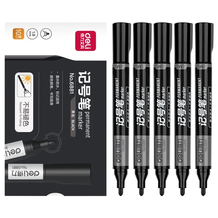 DELI 6881 10-Pack 1.8mm Oil-Based Marker Pens for Labeling, Logistics, and Large Writing - Black