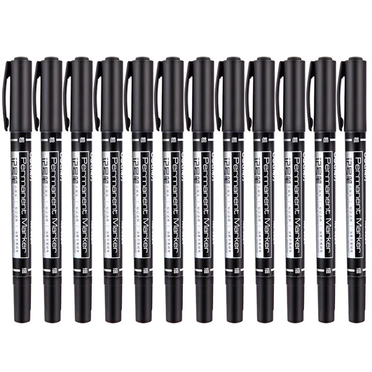 DELI 6824 12-Pack Dual-Tip Marker Pens 0.5mm / 1.2mm Tips Oil-Based Pens for Artistic Outlining, CD Marking - Black