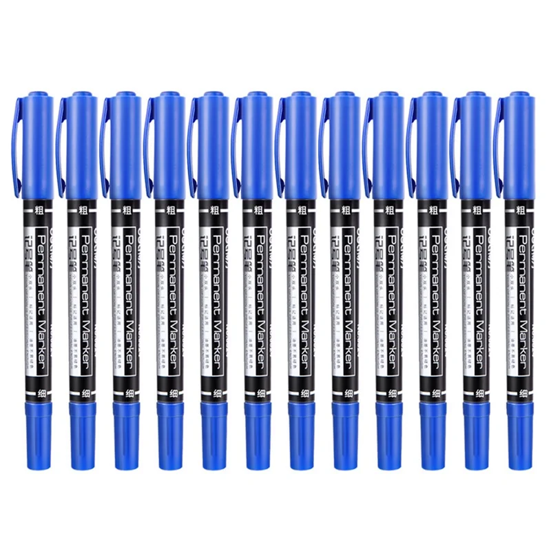 DELI 6824 12-Pack Dual-Tip Marker Pens 0.5mm / 1.2mm Tips Oil-Based Pens for Artistic Outlining, CD Marking - Blue