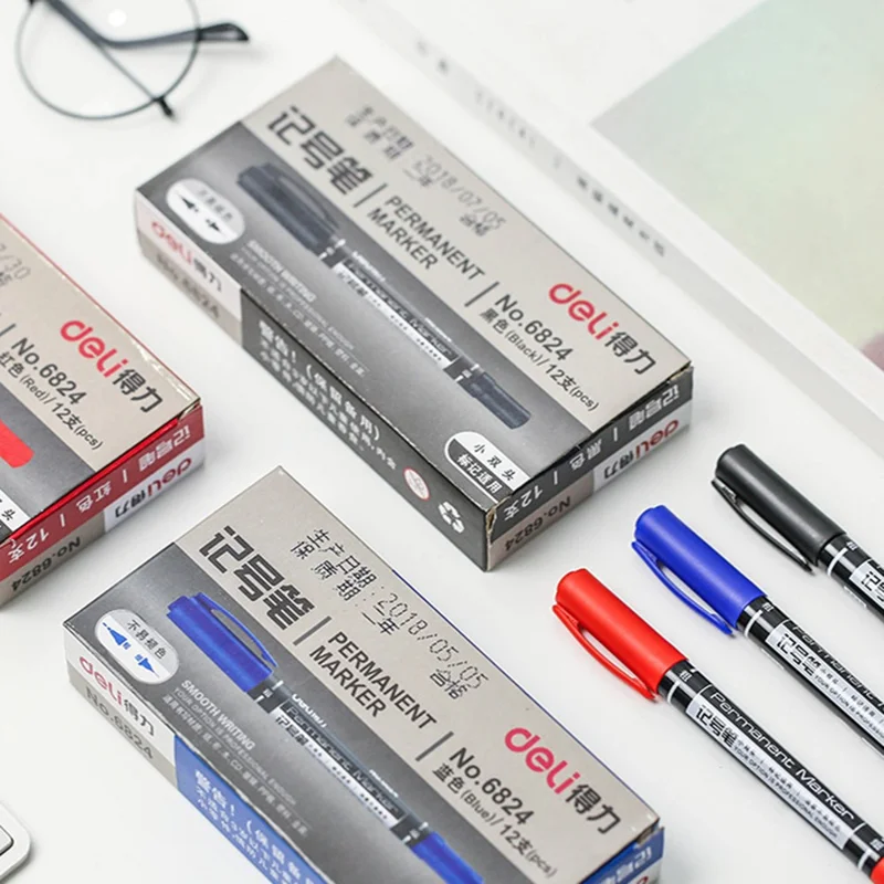 DELI 6824 12-Pack Dual-Tip Marker Pens 0.5mm / 1.2mm Tips Oil-Based Pens for Artistic Outlining, CD Marking - Blue