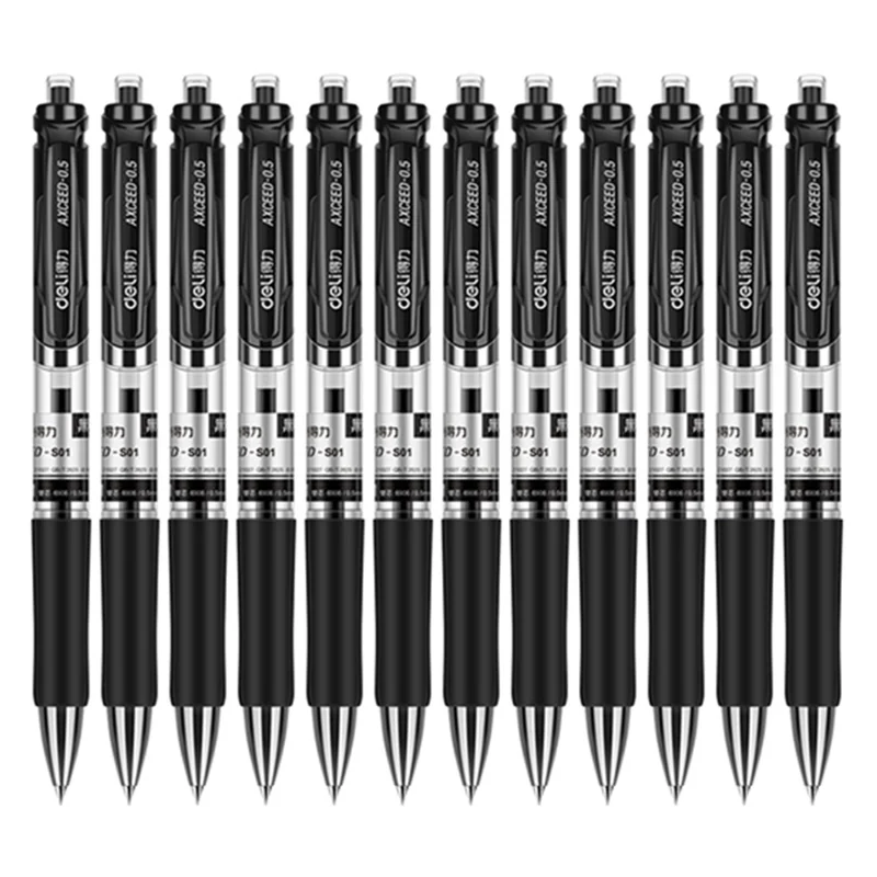 DELI S01 12Pcs Gel Pens Press Type Retractable Smooth Writing 0.5mm Gel Pen - Black