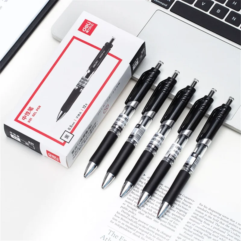 Deli S01 12pcs Pensas de Gel Tipo Tipo Retráctil Smooth Smooth Writing 0.5 mm Gel Pen - Negro