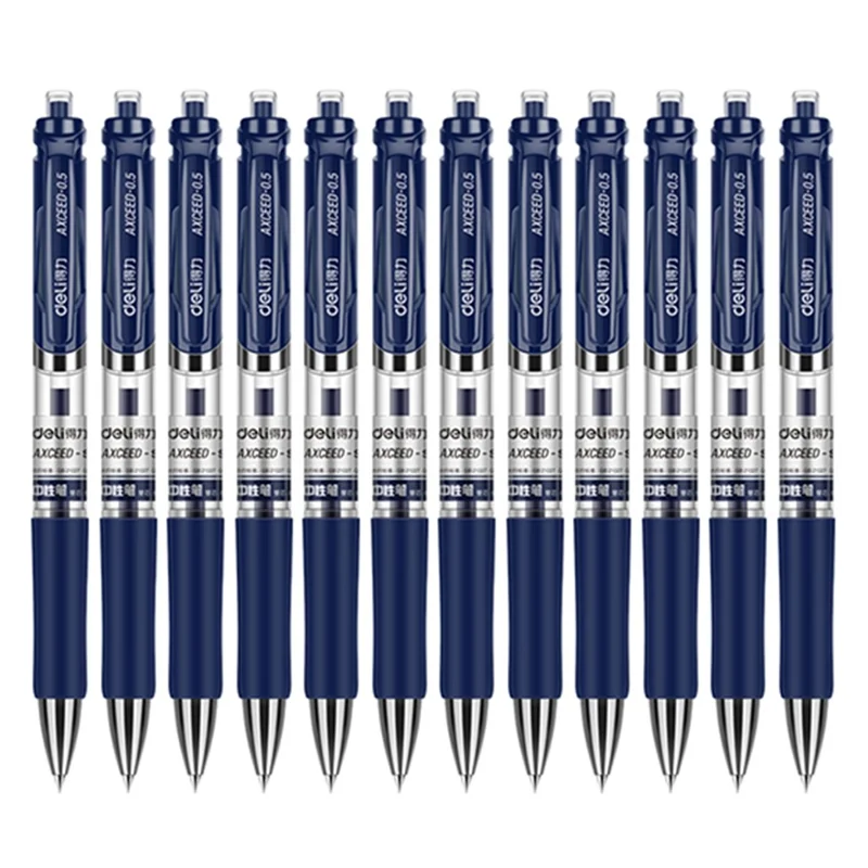 DELI S01 12Pcs Gel Pens Press Type Retractable Smooth Writing 0.5mm Gel Pen - Dark Blue
