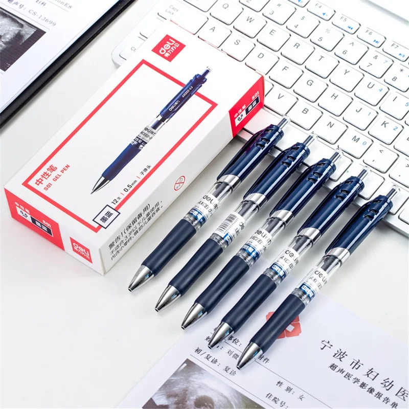 DELI S01 12Pcs Gel Pens Press Type Retractable Smooth Writing 0.5mm Gel Pen - Dark Blue