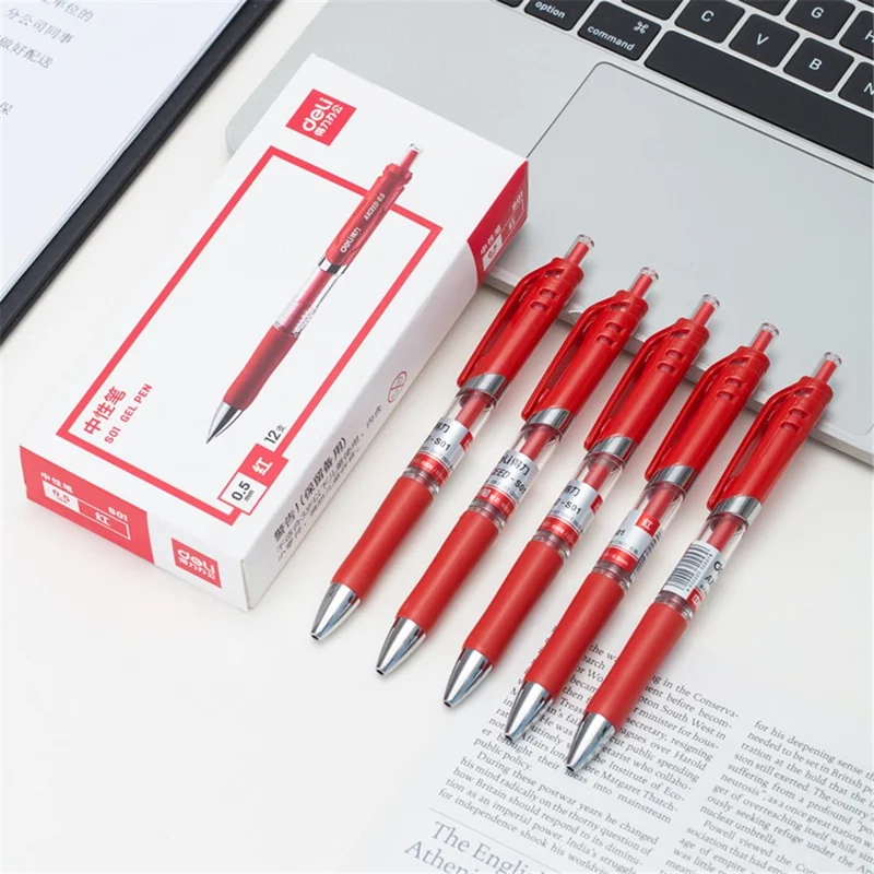 DELI S01 12Pcs Gel Pens Press Type Retractable Smooth Writing 0.5mm Gel Pen - Red
