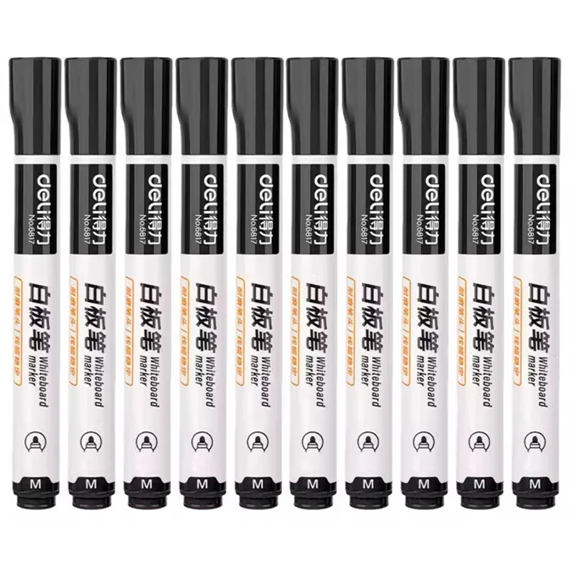 DELI 6817 Lot de 10 stylos effaçables à base d'eau pour tableau blanc avec pointe de 1,8 mm - Noir