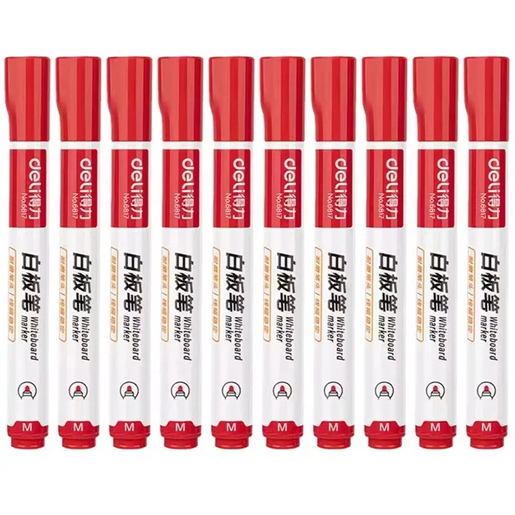 DELI 6817 10-Pack Whiteboard Pens Water-Based 1.8mm Tip Erasable Markers for Writing - Red