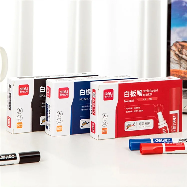 DELI 6817 10-Pack Whiteboard Pens Water-Based 1.8mm Tip Erasable Markers for Writing - Red