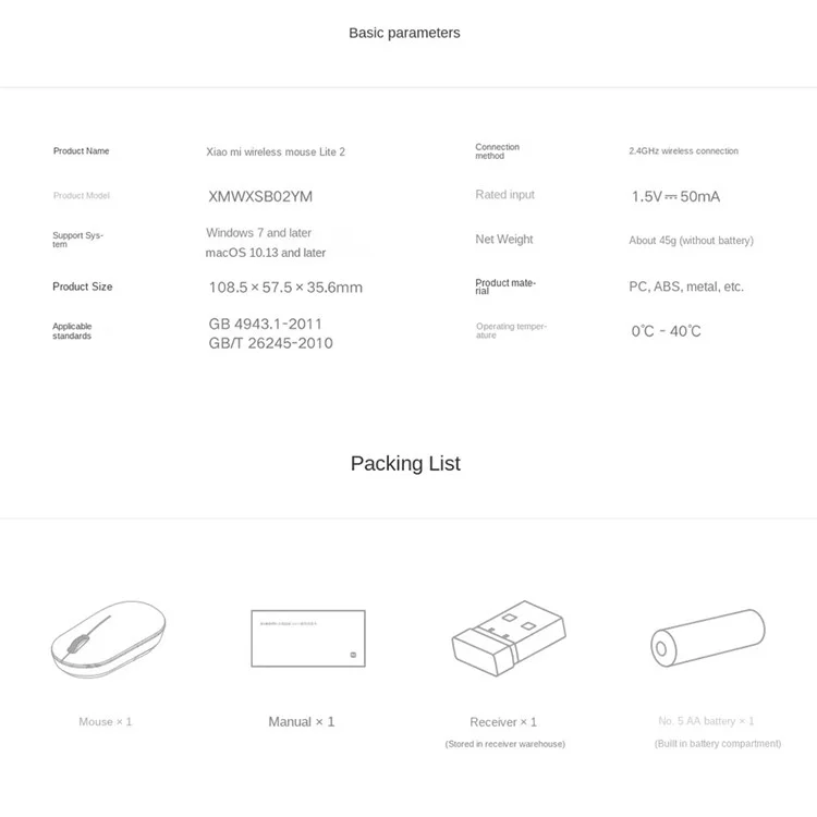 Xiaomi Lite 2 Mwxsb02m 2,4 Ghz 1000DPI Ergonomische Optische Maus -gaming -mäuse