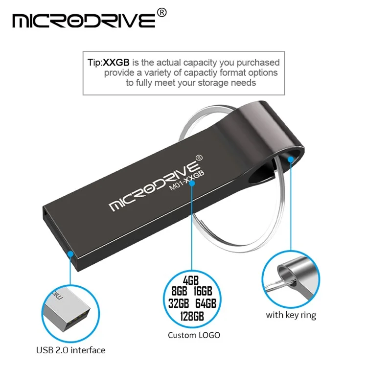 MICRODRIVE 32GB USB 2.0 Flash Drive Portable Metal Thumb Drive with Key Ring - Black