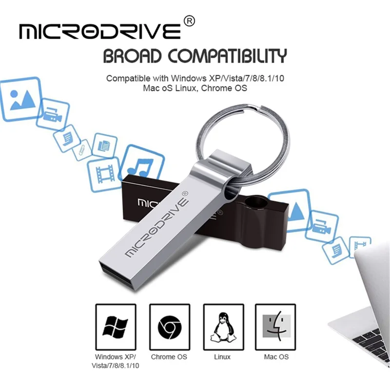 MICRODRIVE 8GB Metal Memory Stick Waterproof USB 2.0 Flash Drive - Silver