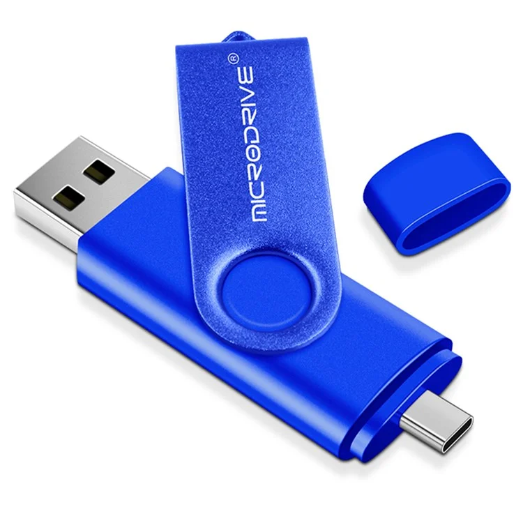 MICRODRIVE 64GB Rotating Metal Flash Drive OTG USB 2.0 / Type-C 2-in-1 USB Memory Stick - Blue