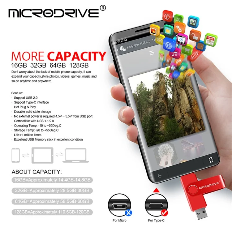MICRODRIVE 64GB Rotating Metal Flash Drive OTG USB 2.0 / Type-C 2-in-1 USB Memory Stick - Blue
