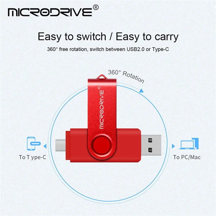 MICRODRIVE 64GB Rotating Metal Flash Drive OTG USB 2.0 / Type-C 2-in-1 USB Memory Stick - Blue