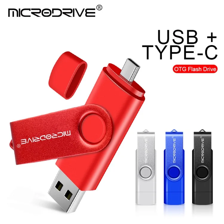 MICRODRIVE 64GB Rotating Metal Flash Drive OTG USB 2.0 / Type-C 2-in-1 USB Memory Stick - Blue