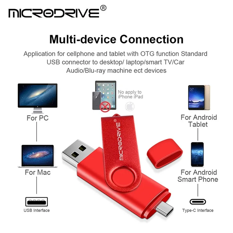 MICRODRIVE 64GB Unidad Flash de Metal Giratorio OTG USB 2.0 / Tipo-C 2 en 1 Unidad de Memoria USB - Rojo