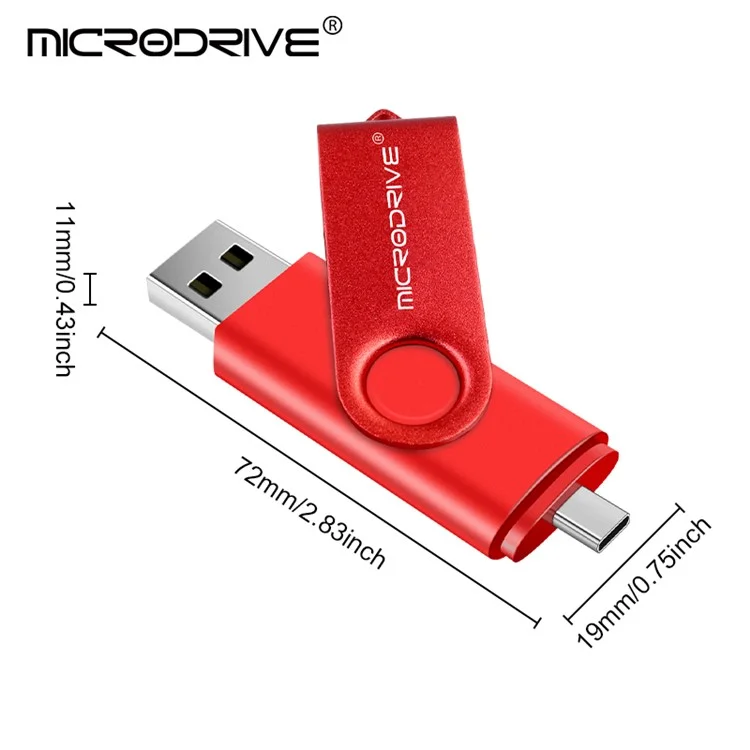 MICRODRIVE 64GB Unidad Flash de Metal Giratorio OTG USB 2.0 / Tipo-C 2 en 1 Unidad de Memoria USB - Rojo